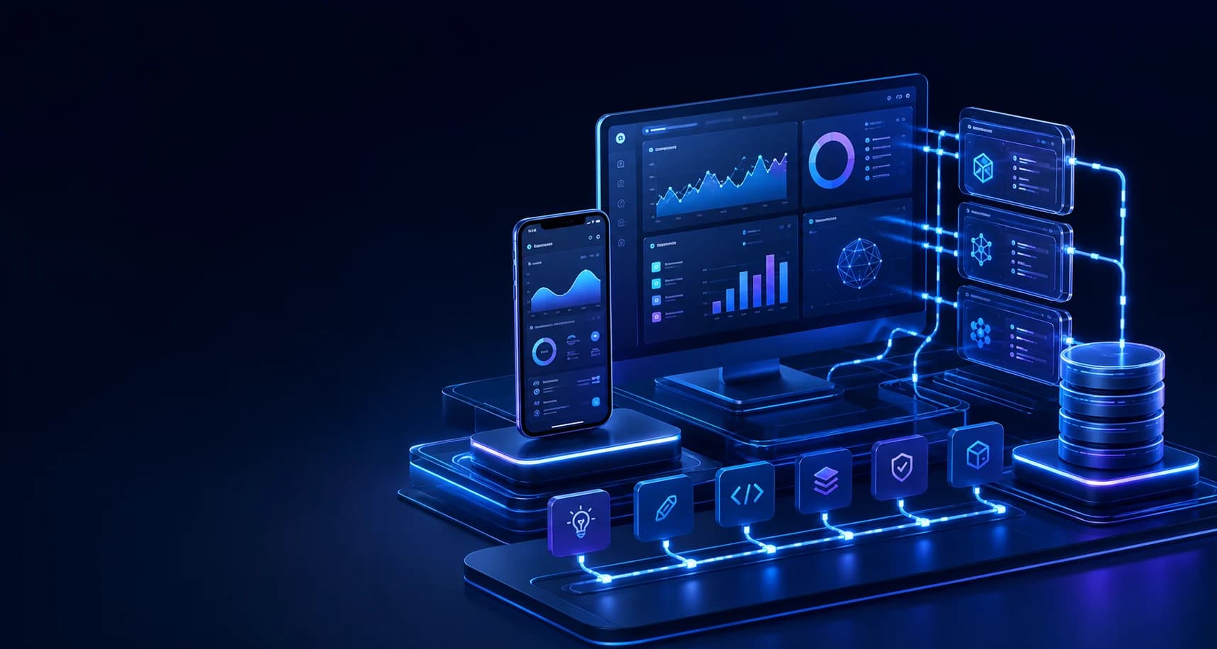 Custom software product architecture connecting web, mobile, APIs and data services